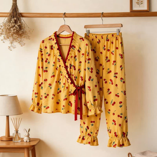 Ruffled Neck Cherry Print Pajama Set - Yellow - XL - image 0