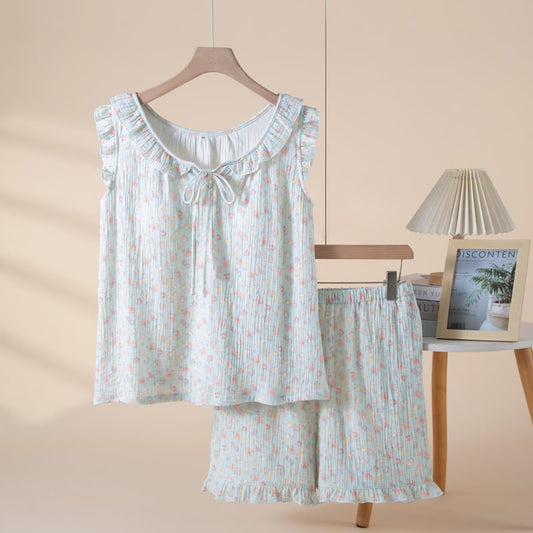 Elegant Floral Cotton Gauze Sleeveless Pajamas - Blue - XL - image 0