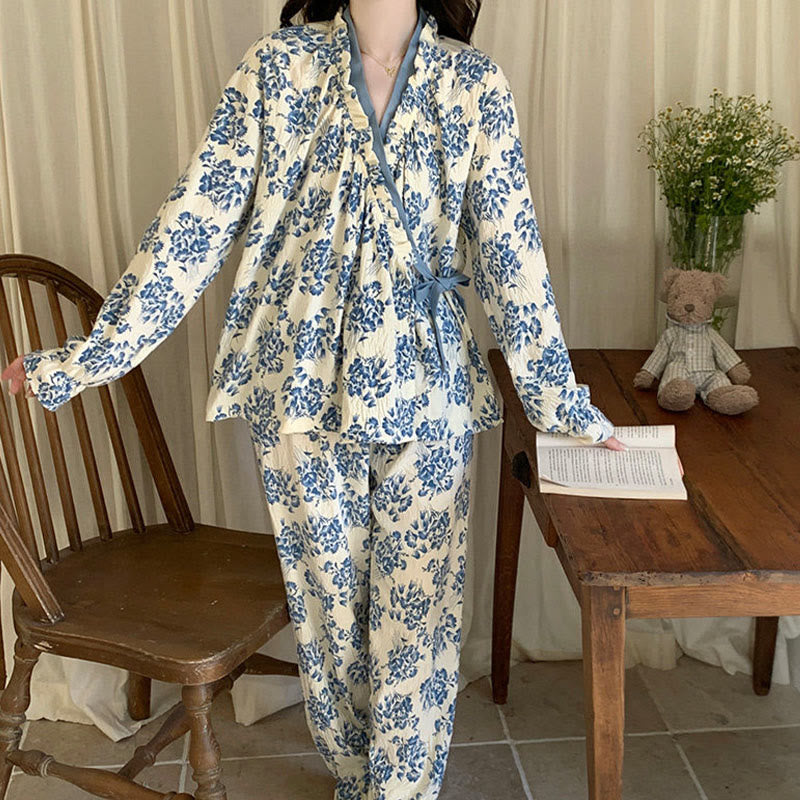 Ruffled Neck Blue Floral Pajama Set - image 2