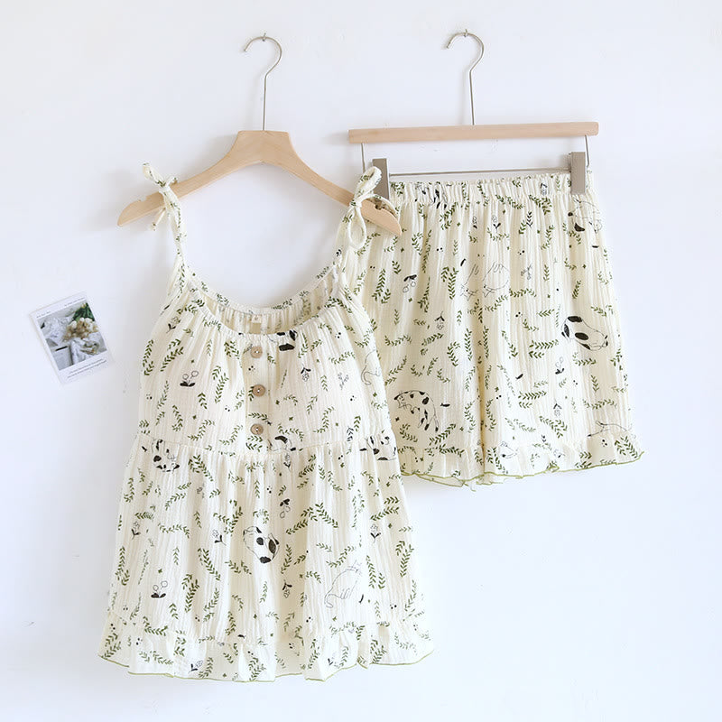 Cat & Leaf Pure Cotton Sleeveless Pajamas - Beige - XL - image 2