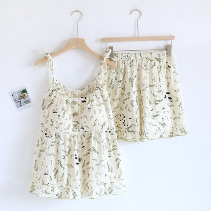 Cat & Leaf Pure Cotton Sleeveless Pajamas - Beige - XL - image 2