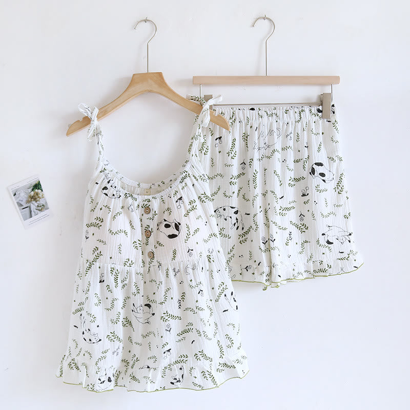 Cat & Leaf Pure Cotton Sleeveless Pajamas - White - XL - image 13
