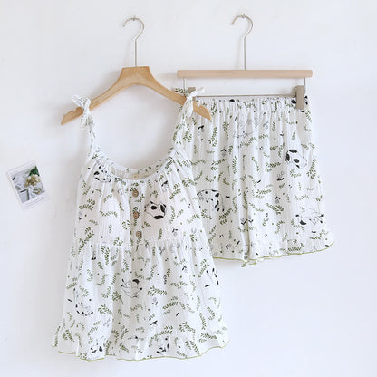 Cat & Leaf Pure Cotton Sleeveless Pajamas - White - XL - image 13