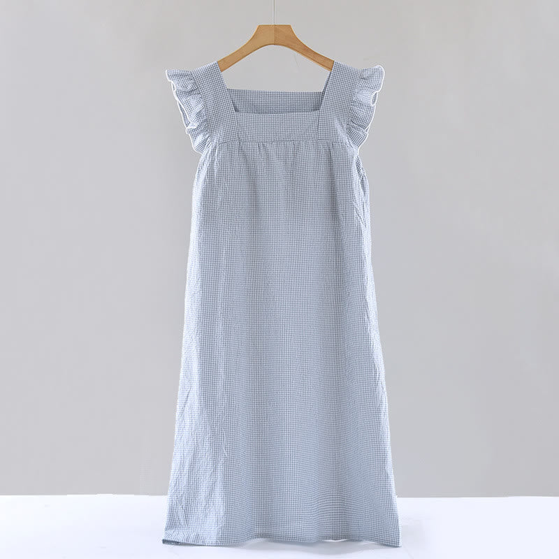 Gingham Flutter Sleeve Cotton Nightgown - Blue - XL - image 14