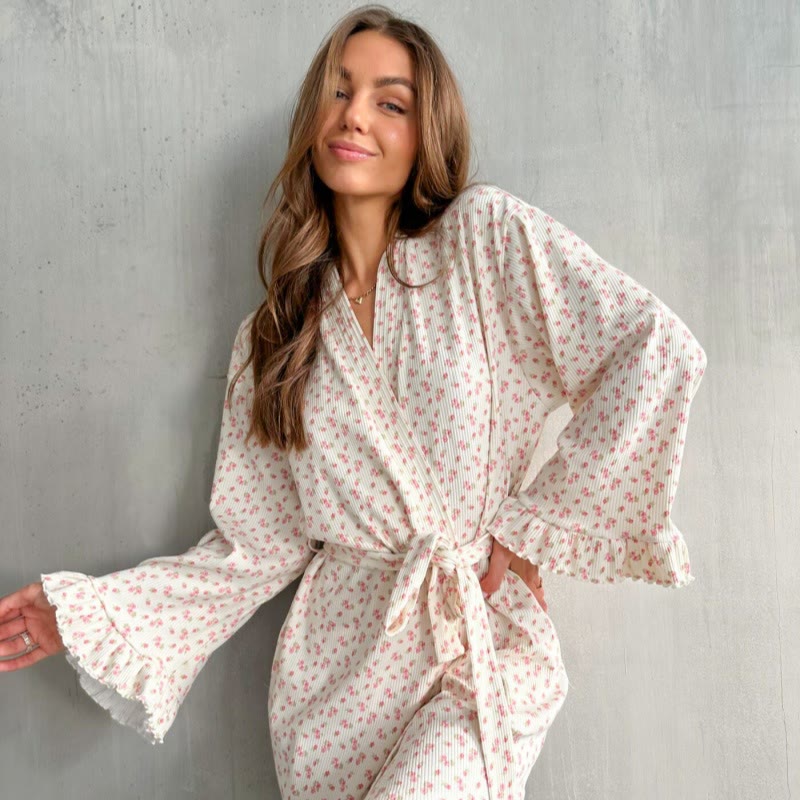 Floral Print Ruffle Knit Pajama Robe - image 4