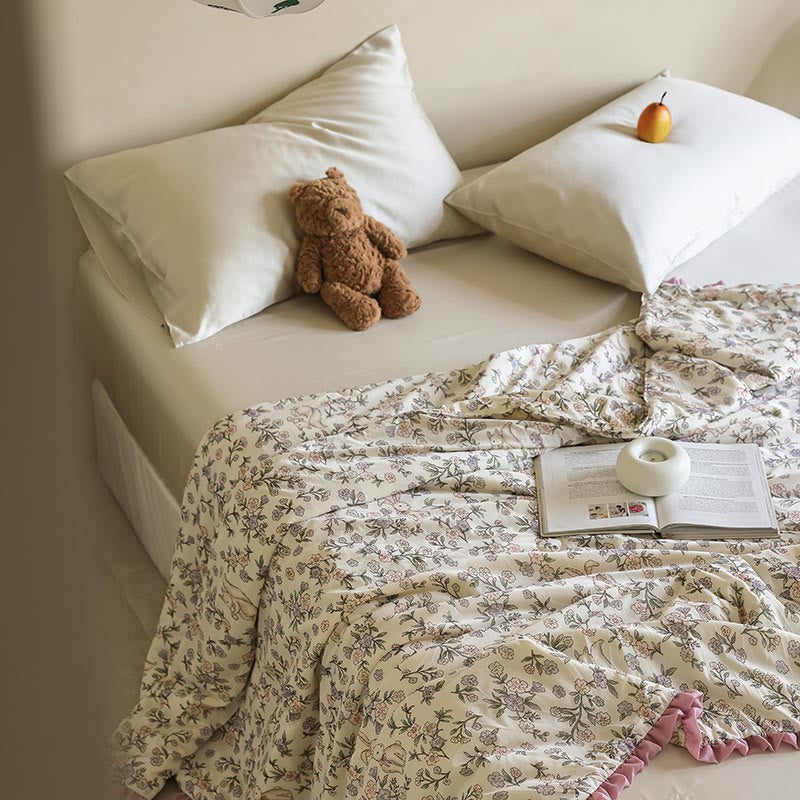 Rustic Floral & Bunny Ruffled Summer Quilt - Beige - Queen - image 0