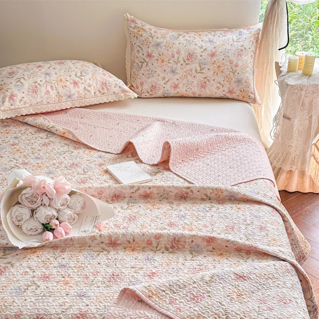 French Country Floral Quilted Cotton Bedspread - image 3