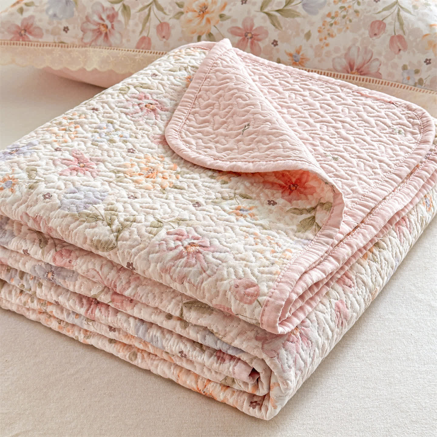 French Country Floral Quilted Cotton Bedspread - image 5