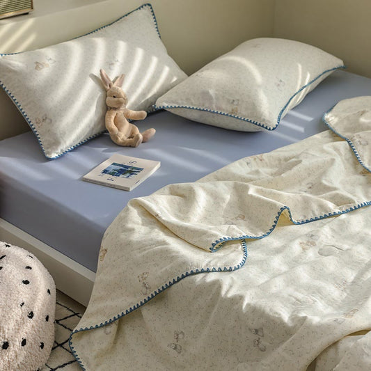 Elegant Leaf & Bunny Cotton Gauze Bedding - Blue & Beige - Bedding Set(4PCS) - Queen - image 0