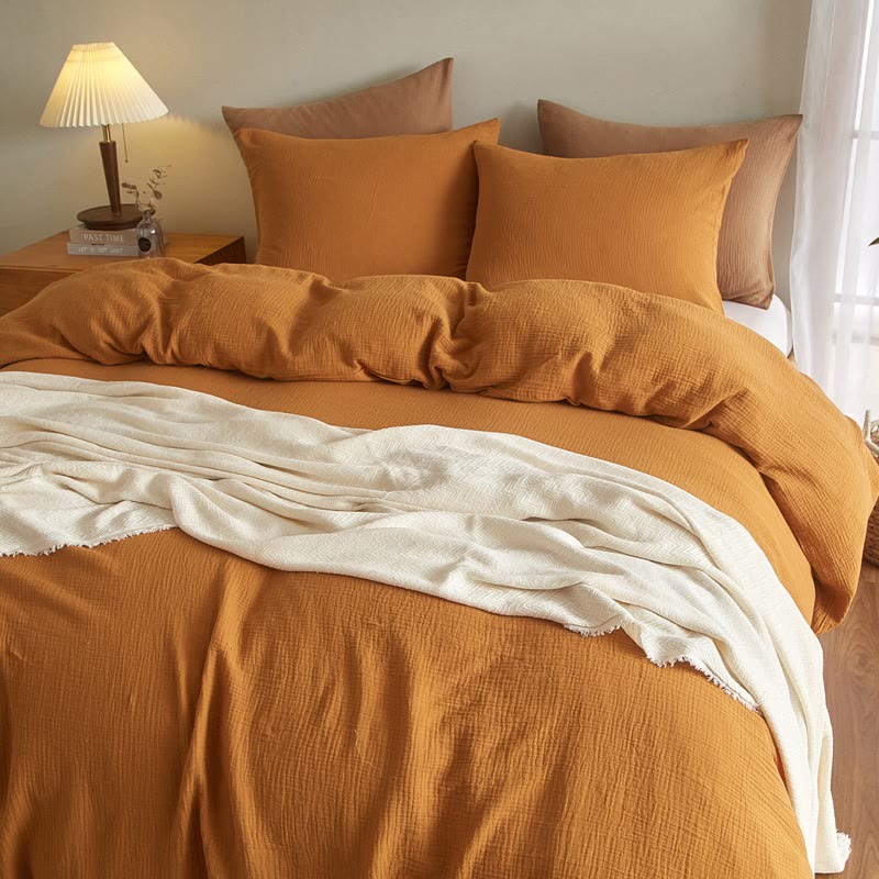 Simple Cotton Gauze Duvet Cover Set(3PCS) - Camel - King - image 11