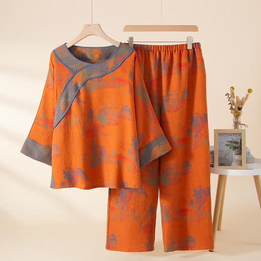 Vintage Orange Landscape Cotton Pajama Set - Orange - One Size - image 0