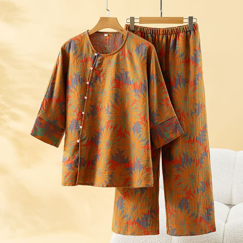 Retro Sunflower Pure Cotton Pajama Set - Orange - One size - image 7