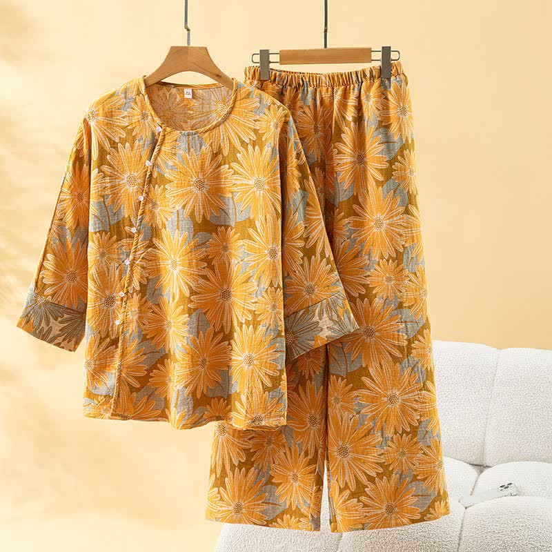 Retro Sunflower Pure Cotton Pajama Set - Yellow - One size - image 5