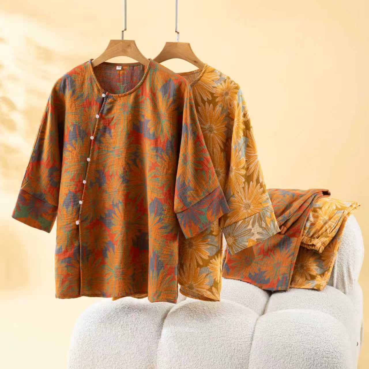 Retro Sunflower Pure Cotton Pajama Set - image 0