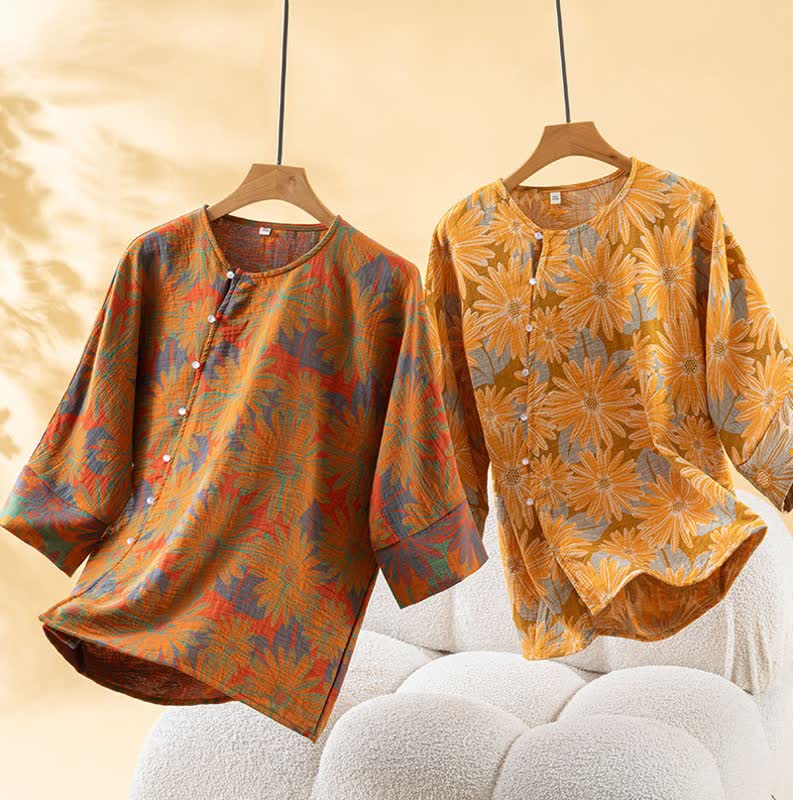 Retro Sunflower Pure Cotton Pajama Set - image 2