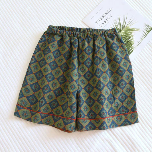 Plaid & Floral Cotton Gauze Pajama Shorts - Blue - 2PCS - XL - image 0