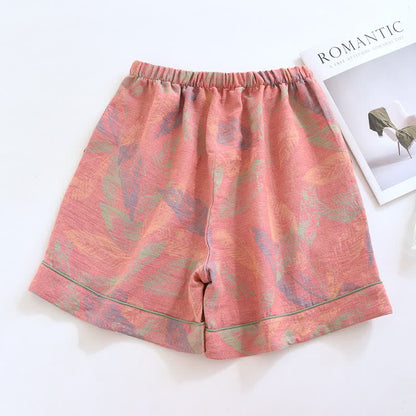 Artistic Leaf Cotton Gauze Pajama Shorts - Pink - 2PCS - XL - image 0