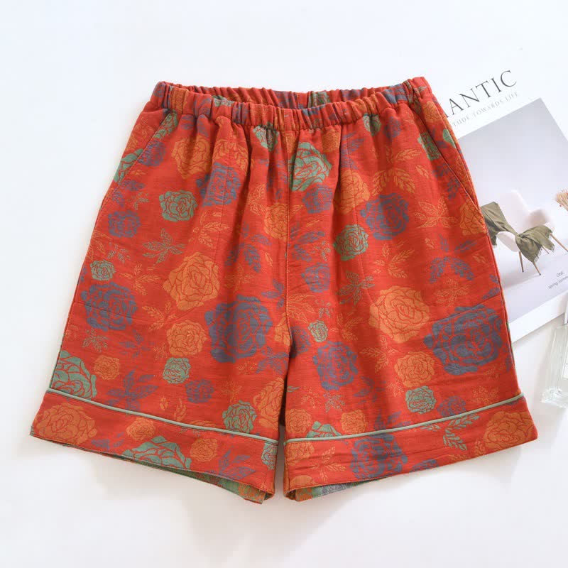 Romantic Rose Cotton Gauze Pajama Shorts - Red - 2PCS - XL - image 1
