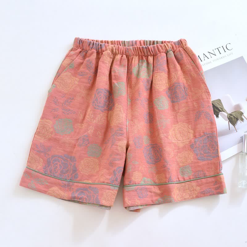 Romantic Rose Cotton Gauze Pajama Shorts - Pink - 2PCS - XL - image 0