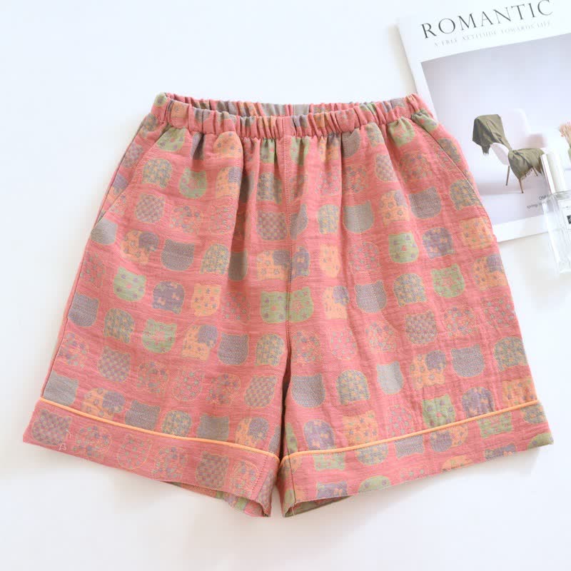 Pink Cat Cotton Gauze Pajama Shorts - Pink - 2PCS - XL - image 0