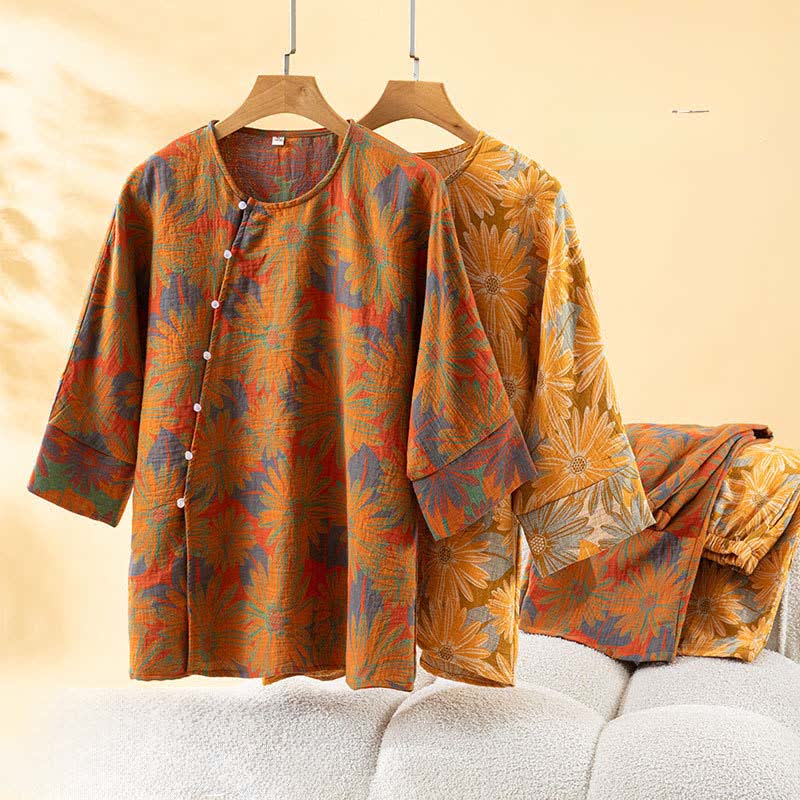 Retro Sunflower Pure Cotton Pajama Set - image 3