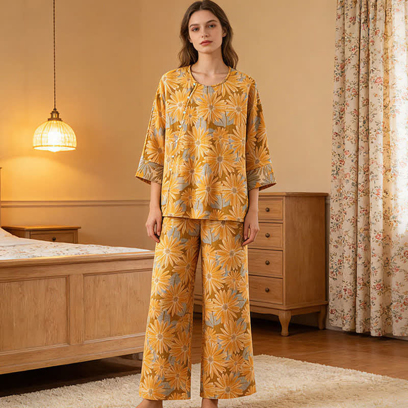 Retro Sunflower Pure Cotton Pajama Set - image 1