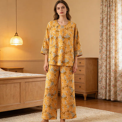 Retro Sunflower Pure Cotton Pajama Set - image 1