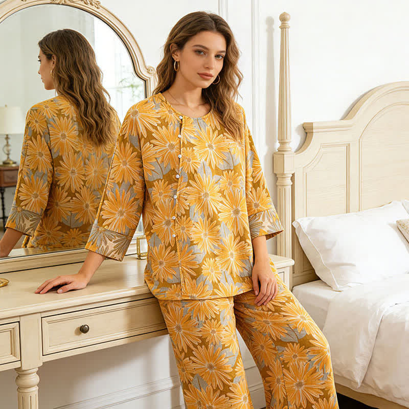 Retro Sunflower Pure Cotton Pajama Set - image 6