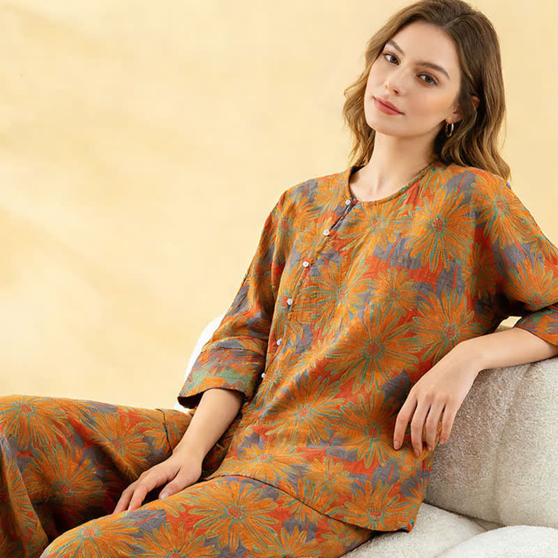 Retro Sunflower Pure Cotton Pajama Set - image 9