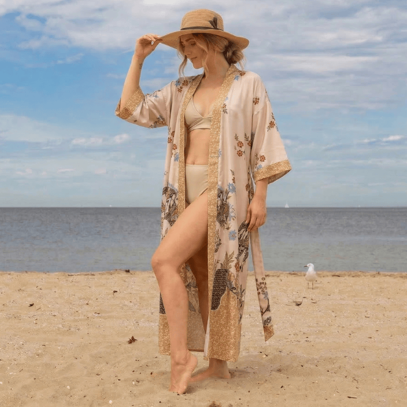Sunshine Serenity Oriental Floral Bird Kimono Style Bathrobe - image 0