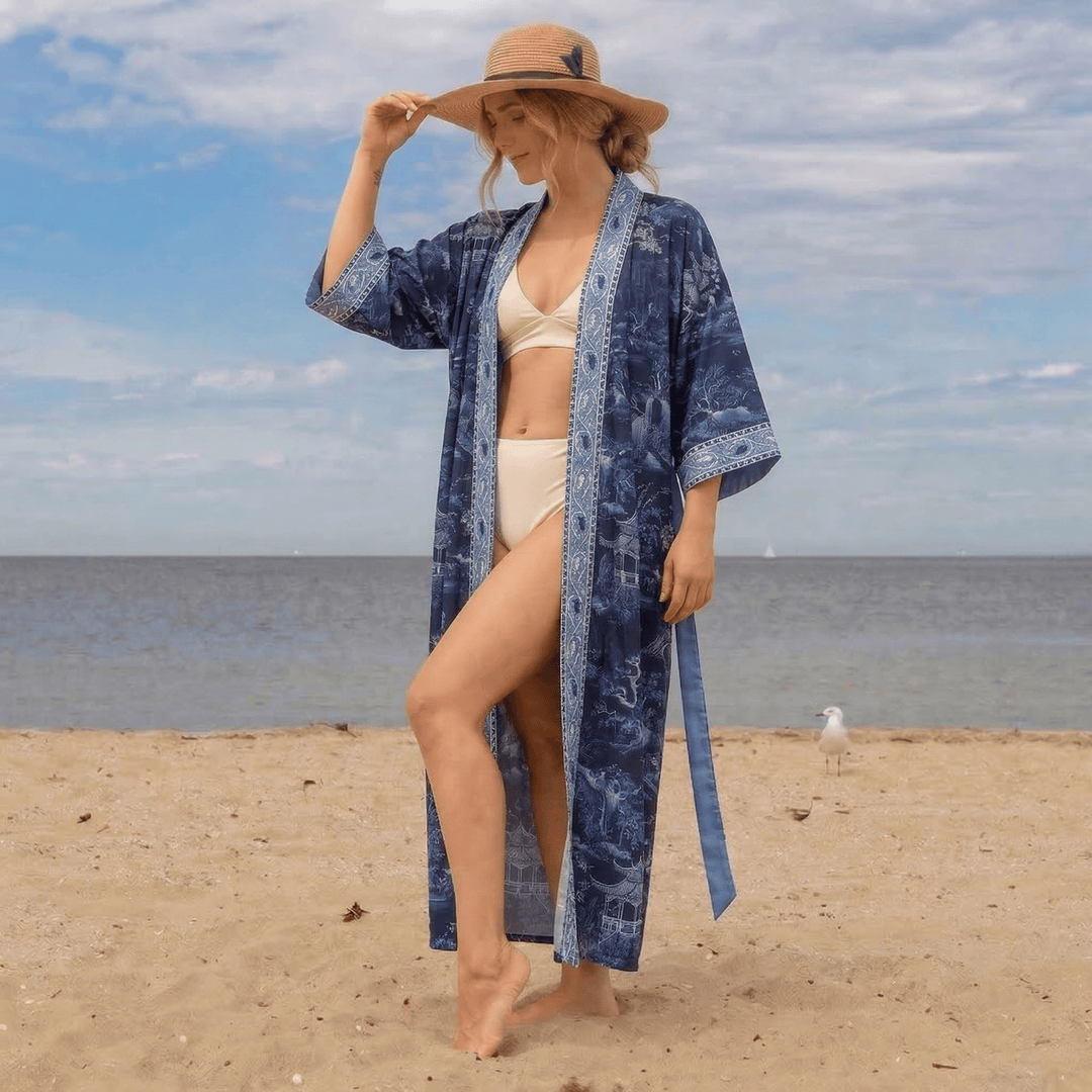 Blue Petals Oriental Landscape Kimono Style Bathrobe - image 0
