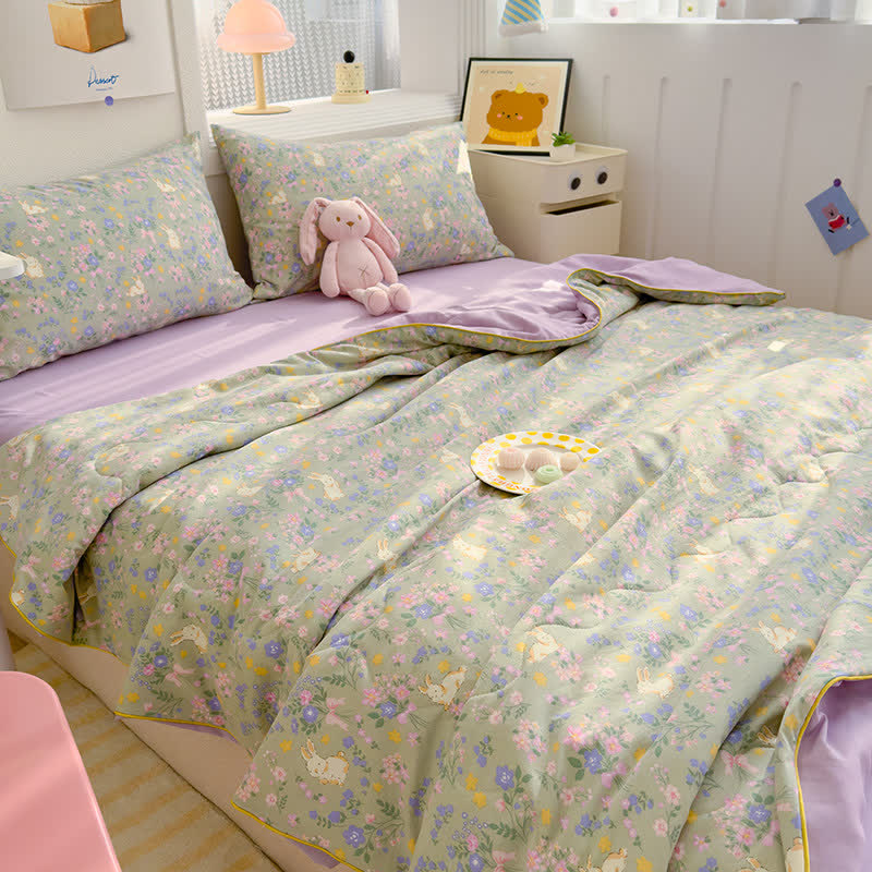Fairytale Bunny & Floral Cotton Quilt - Green & Purple - Queen - image 0