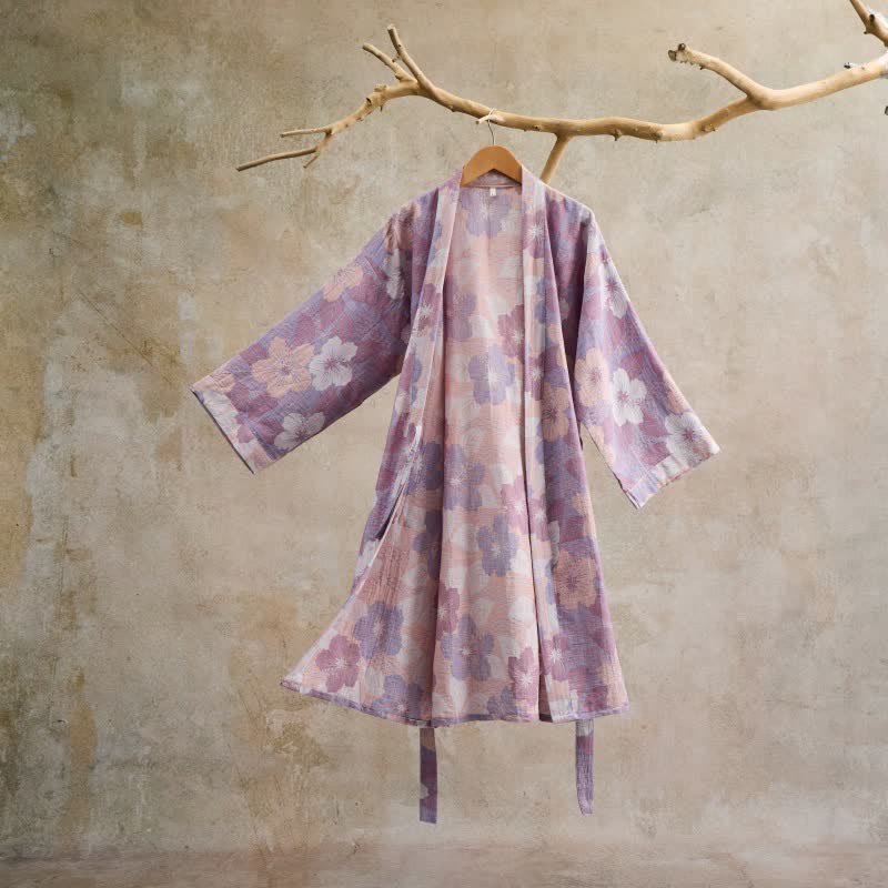 Cherry blossom Cotton Gauze Kimono Robe - Purple - L - image 9