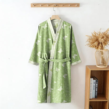 Double Gauze Green Butterfly Cotton Kimono Robe - image 2