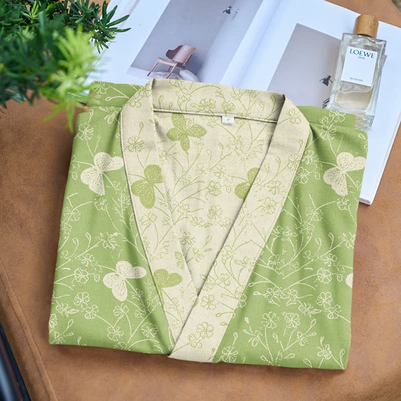 Double Gauze Green Butterfly Cotton Kimono Robe - image 3