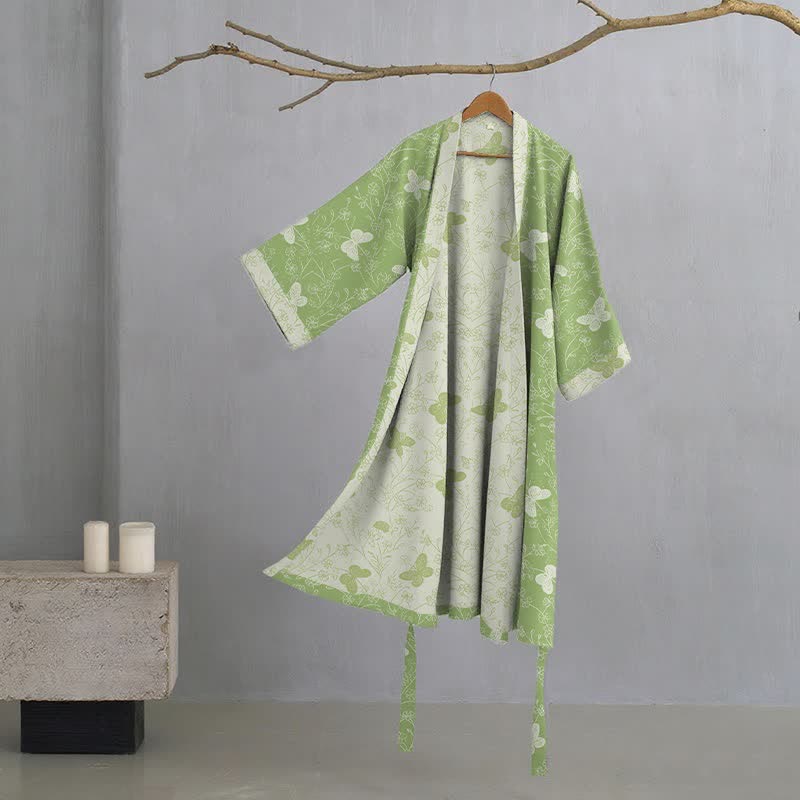 Double Gauze Green Butterfly Cotton Kimono Robe - Green - XL - image 0