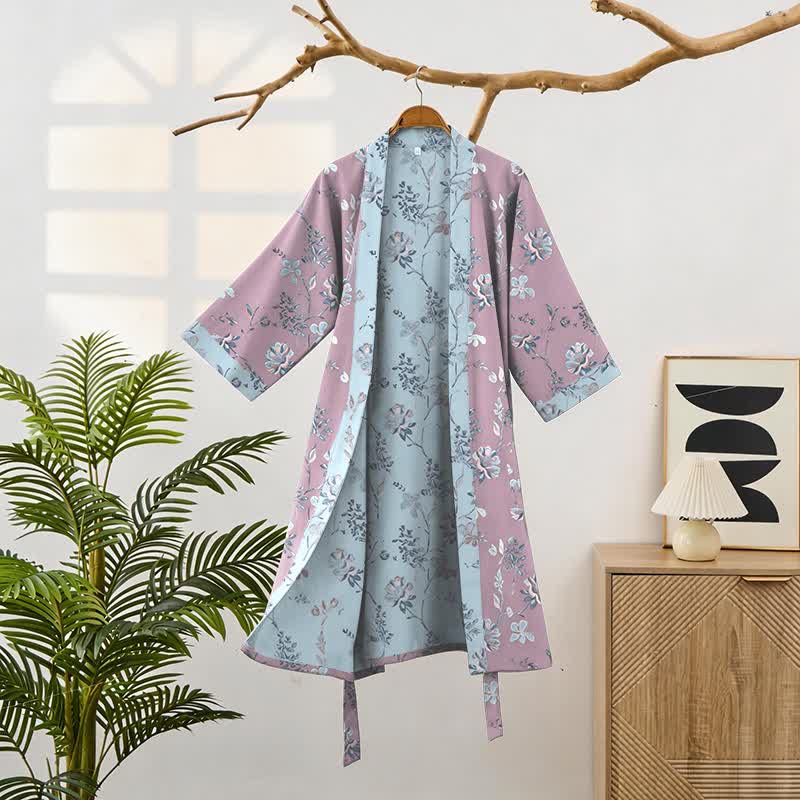 Double Gauze Blooming Floral Cotton Kimono Robe - image 2
