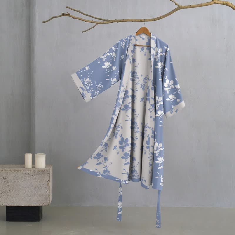 Double Gauze Elegant Floral Cotton Kimono Robe - Blue - 2XL - image 1