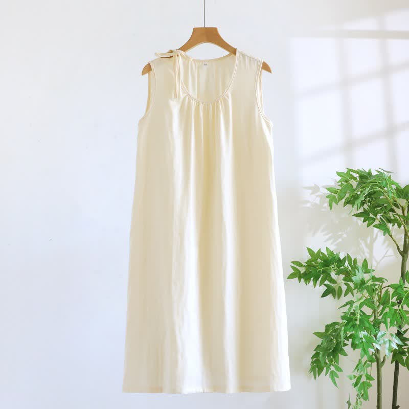 Minimalist Solid Color Cotton Sleeveless Nightgown - Beige - XL - image 5