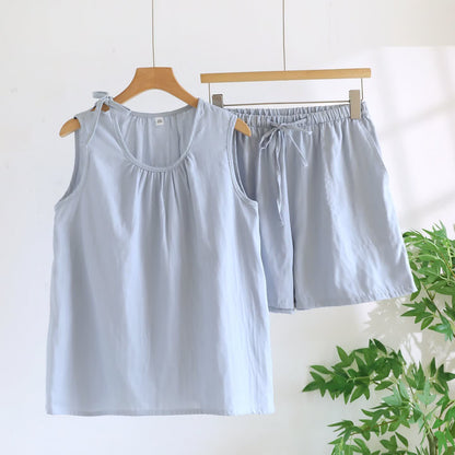 Solild Cotton Double Gauze Sleeveless Pajamas - Blue - XL - image 3