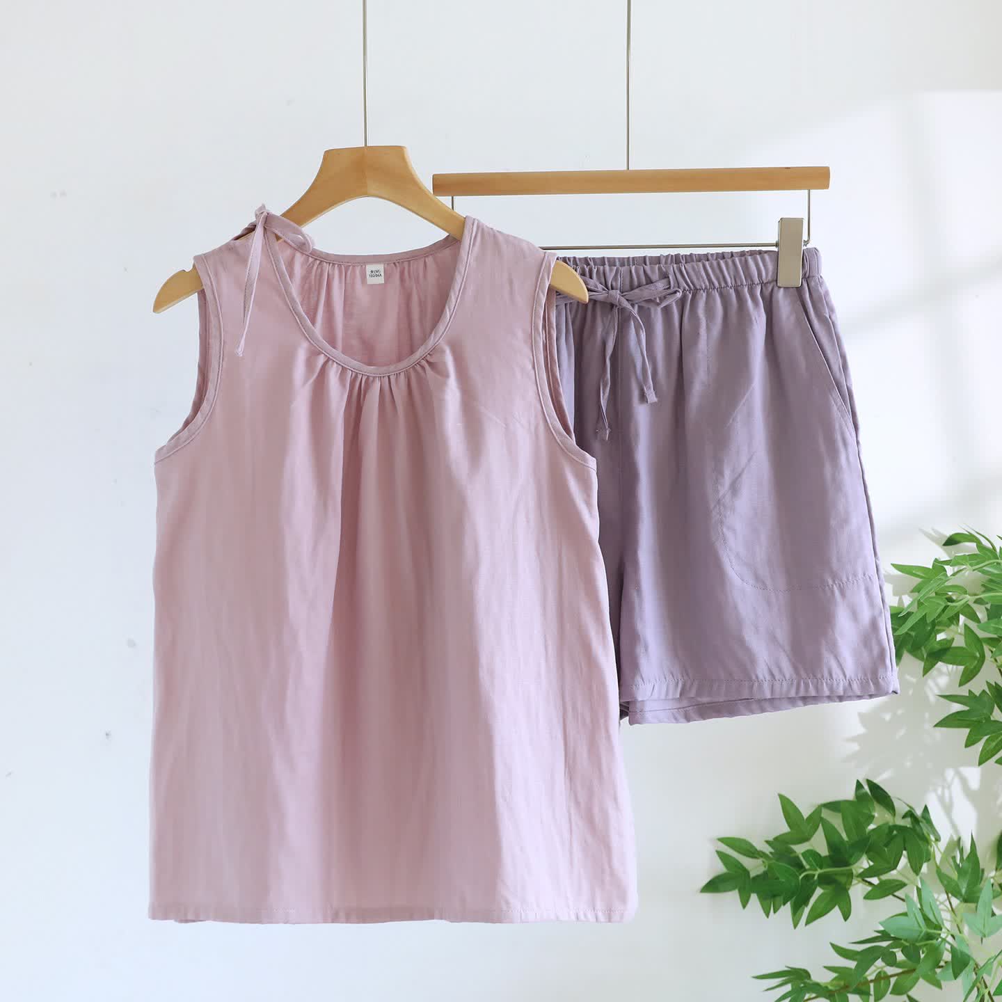 Solild Cotton Double Gauze Sleeveless Pajamas - Light Purple & Purple - XL - image 9