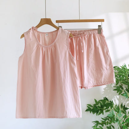 Solild Cotton Double Gauze Sleeveless Pajamas - Pink - XL - image 2