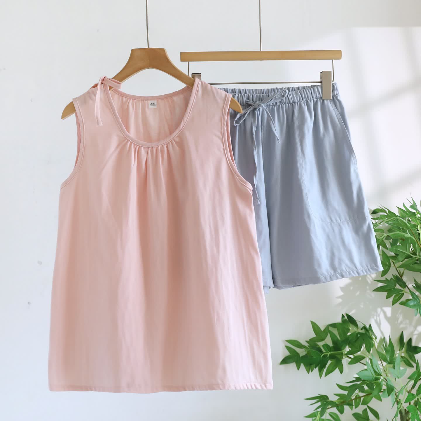 Solild Cotton Double Gauze Sleeveless Pajamas - Pink & Blue - XL - image 7