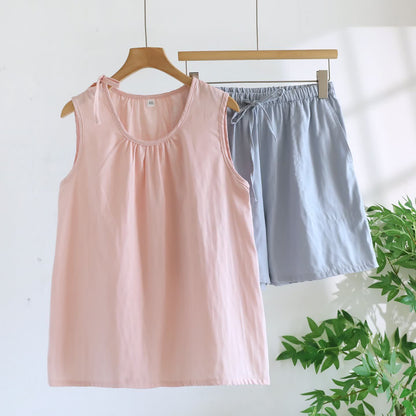 Solild Cotton Double Gauze Sleeveless Pajamas - Pink & Blue - XL - image 7