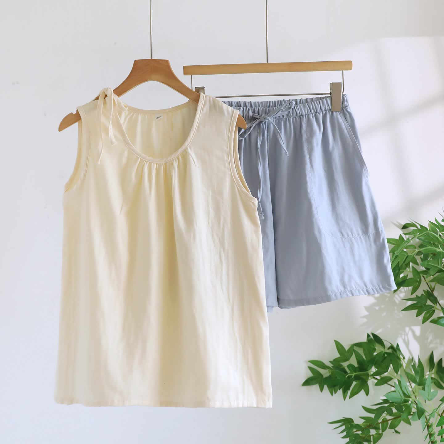 Solild Cotton Double Gauze Sleeveless Pajamas - Beige & Blue - XL - image 8
