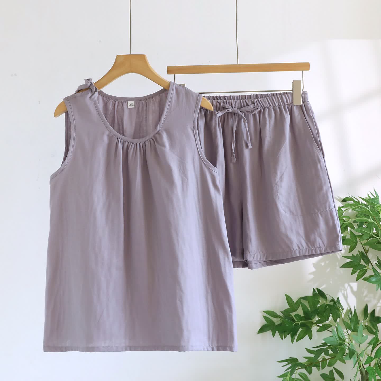 Solild Cotton Double Gauze Sleeveless Pajamas - Purple - XL - image 4