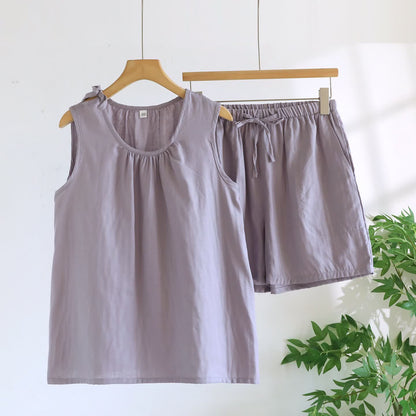 Solild Cotton Double Gauze Sleeveless Pajamas - Purple - XL - image 4