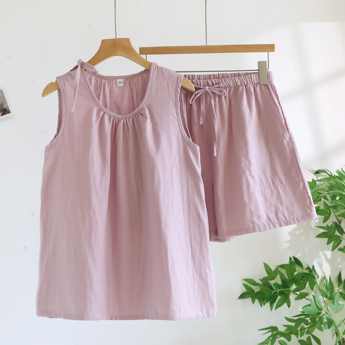 Solild Cotton Double Gauze Sleeveless Pajamas - Light Purple - XL - image 5