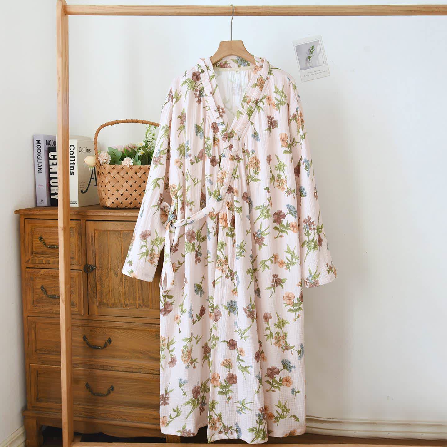 Floral Cotton Gauze Ruffled Neck  Robe - Beige - L - image 0
