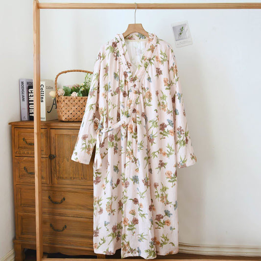 Floral Cotton Gauze Ruffled Neck  Robe - Beige - L - image 0
